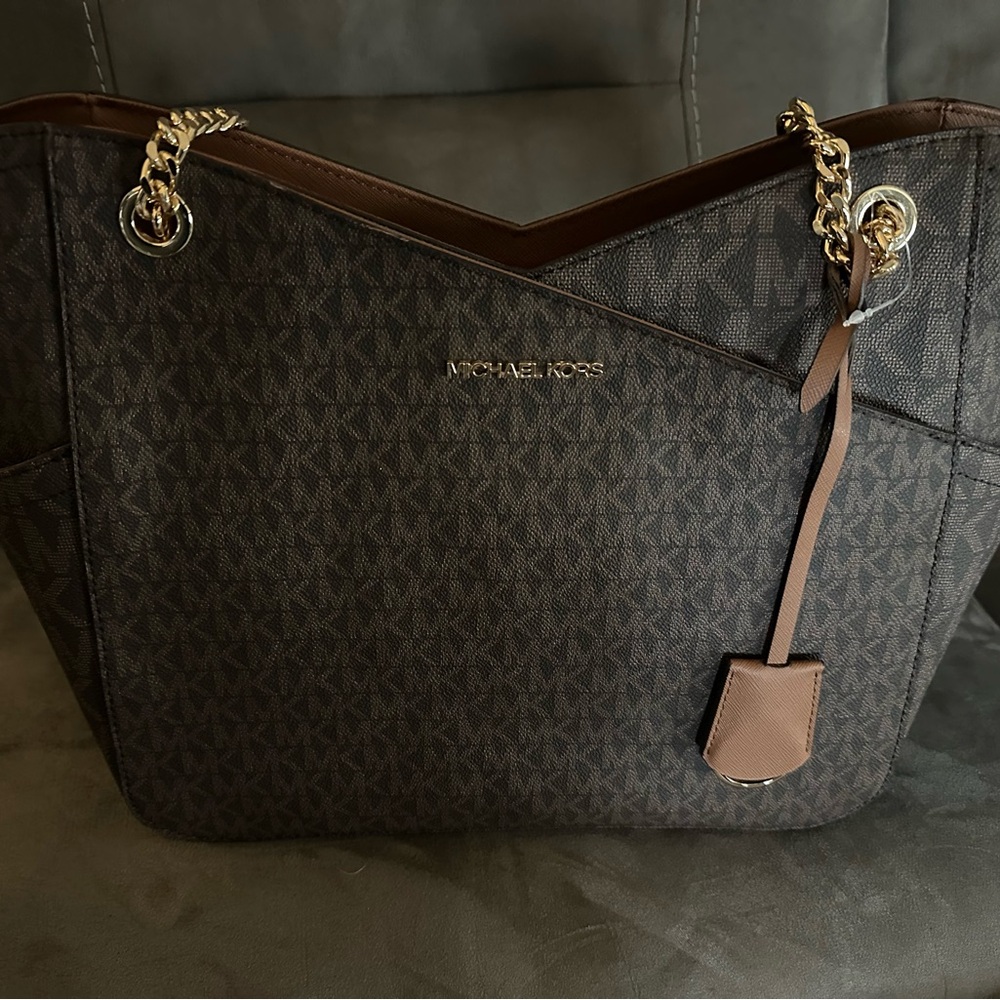 Michael Kors Black and Brown Shoulder Bag with Gold Hardware